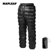 MAPLEAF ultralight black down pants with baffle stitching, includes compact stuff sack.