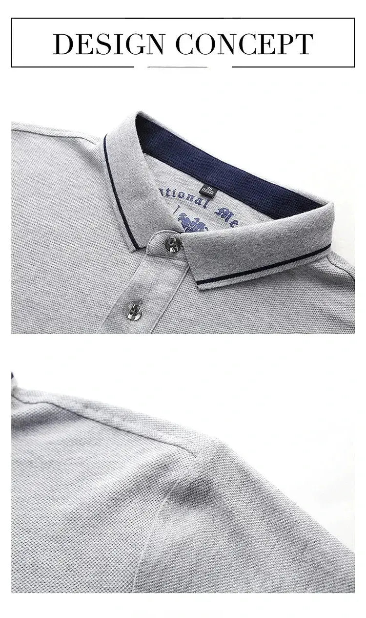 Simples Market men's light gray polo shirt with navy collar trim, breathable short-sleeve design.