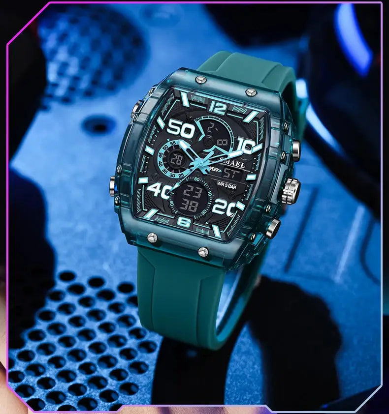 SMAEL 8109 men's square dual-display sport watch with teal silicone strap and luminous blue dial, 50m water resistant