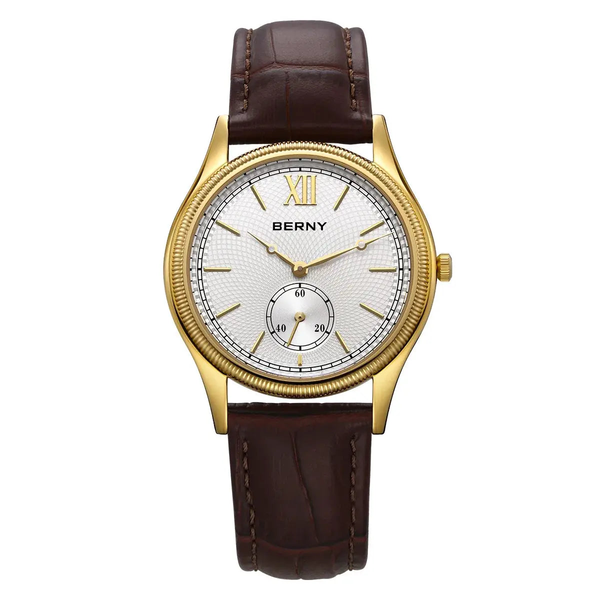 BERNY men's luxury watch with gold-tone case, white textured dial, and brown leather strap