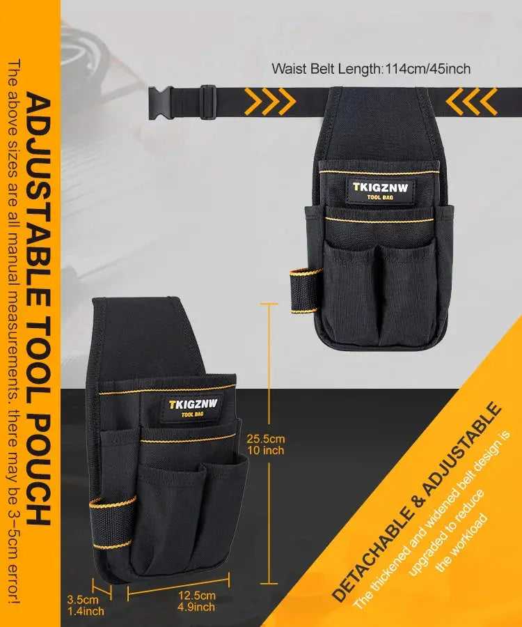 TKIGZNW tool pouch, black heavy-duty electrician belt bag with 6 pockets and 9 screwdriver loops