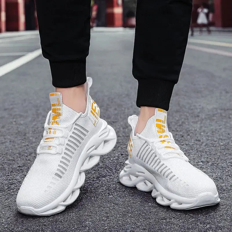 MAEDEF men’s breathable mesh sneakers with white platform soles and yellow accents, Simples Market