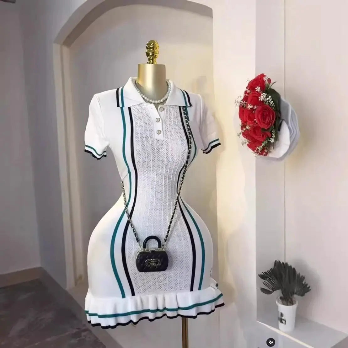 YuooMuoo Knitted Mini Dress Turn Down Collar Ruffled Party Wear