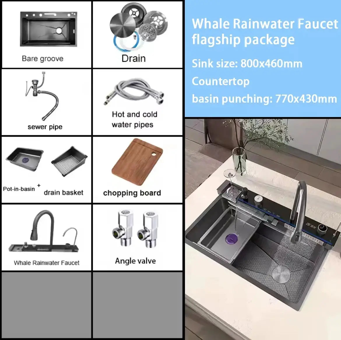 Large 304 stainless steel waterfall kitchen sink by Simples Market with faucet and accessories