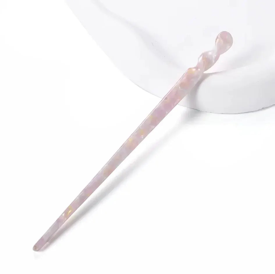Chinese-style hair stick in pink marbled acetate resin; vintage wedding hair accessory.