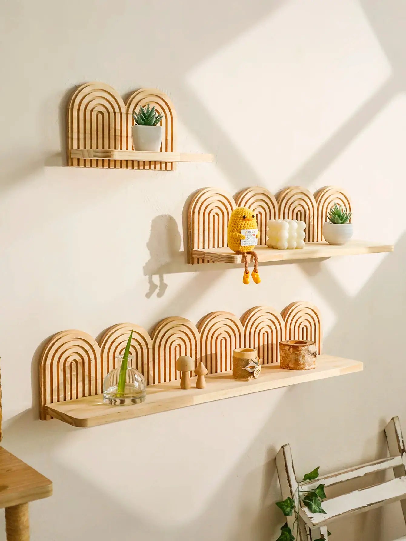 Boho wooden wall shelf set with arched geometric backs in natural finish, Simples Market decor