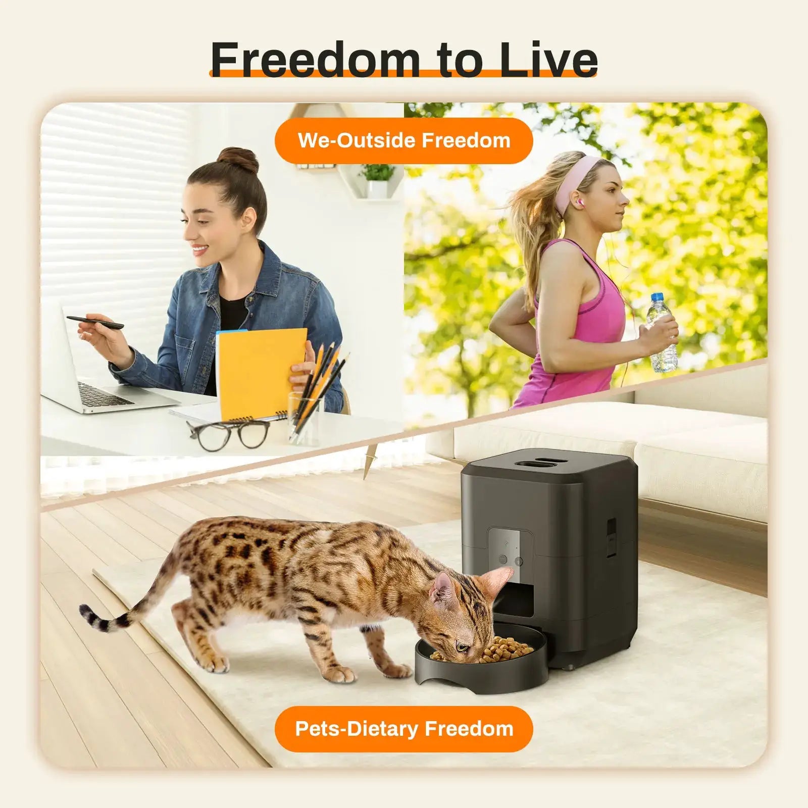Smart Pet Feeder by Simples Market; black automatic cat/dog food dispenser with bowl in a bright living room.