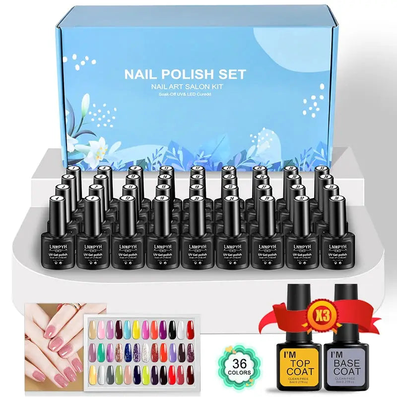 Gel nail polish kit by Simples Market, 42-piece set with UV LED colors and base/top coats, shown in a blue floral box.