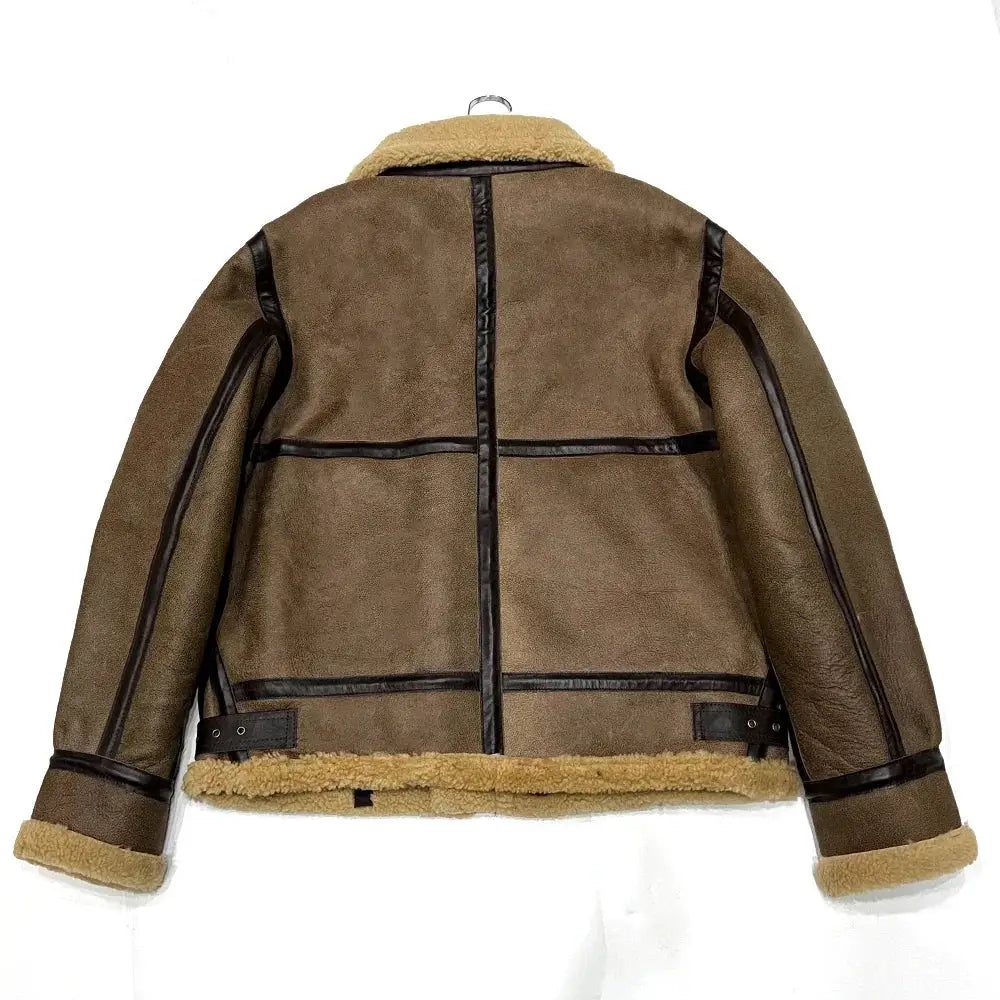 Men's brown shearling flight jacket with genuine sheepskin, black leather trim and tan fur lining