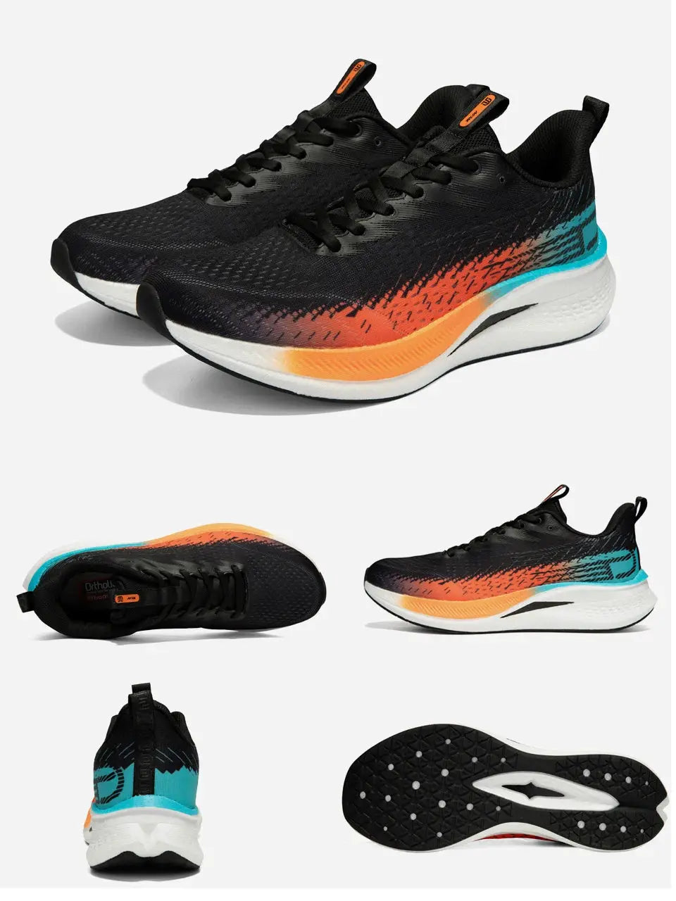 Baasploa men jogging shoes by Simples Market, black upper with orange-teal gradient midsole and carbon-plate cushioning.