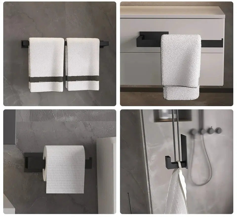 Simples Market 4-piece black self-adhesive bathroom hardware set: robe hook, towel rail, towel bar, and paper holder
