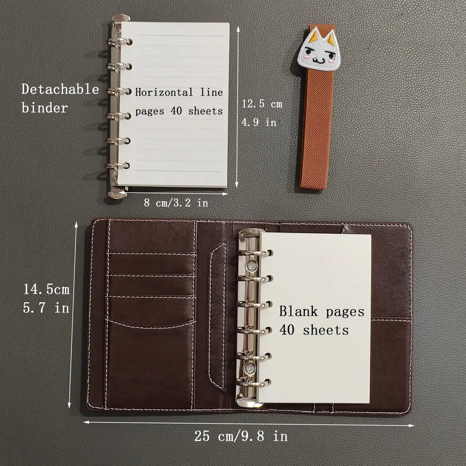 Two dark brown faux leather A7 binders with detachable rings and 80 pages