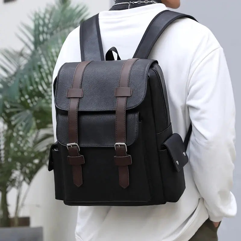 Simples Market PU leather backpack, black with brown straps, large laptop backpack for teens and men