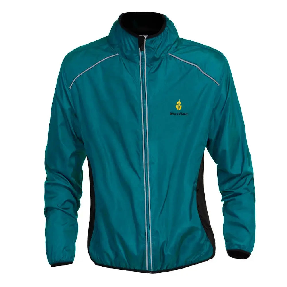 Cycling jacket WolfBike teal windproof water-repellent with reflective piping and long sleeves
