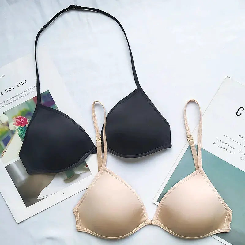 FINETOO seamless triangle-cup bras in black and nude, adjustable straps, 2-pack