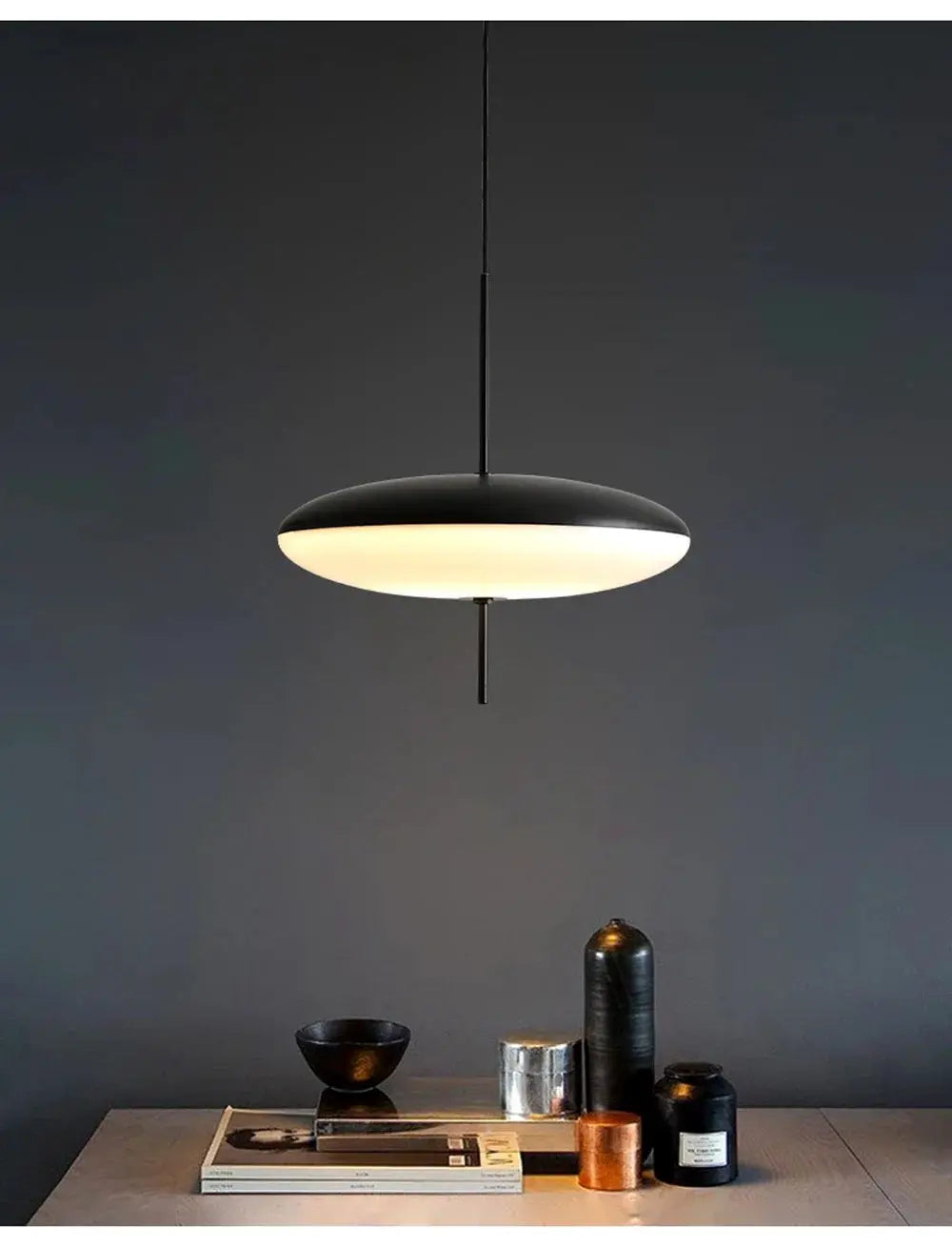 Nordic LED pendant light, flying saucer design in black with white underside
