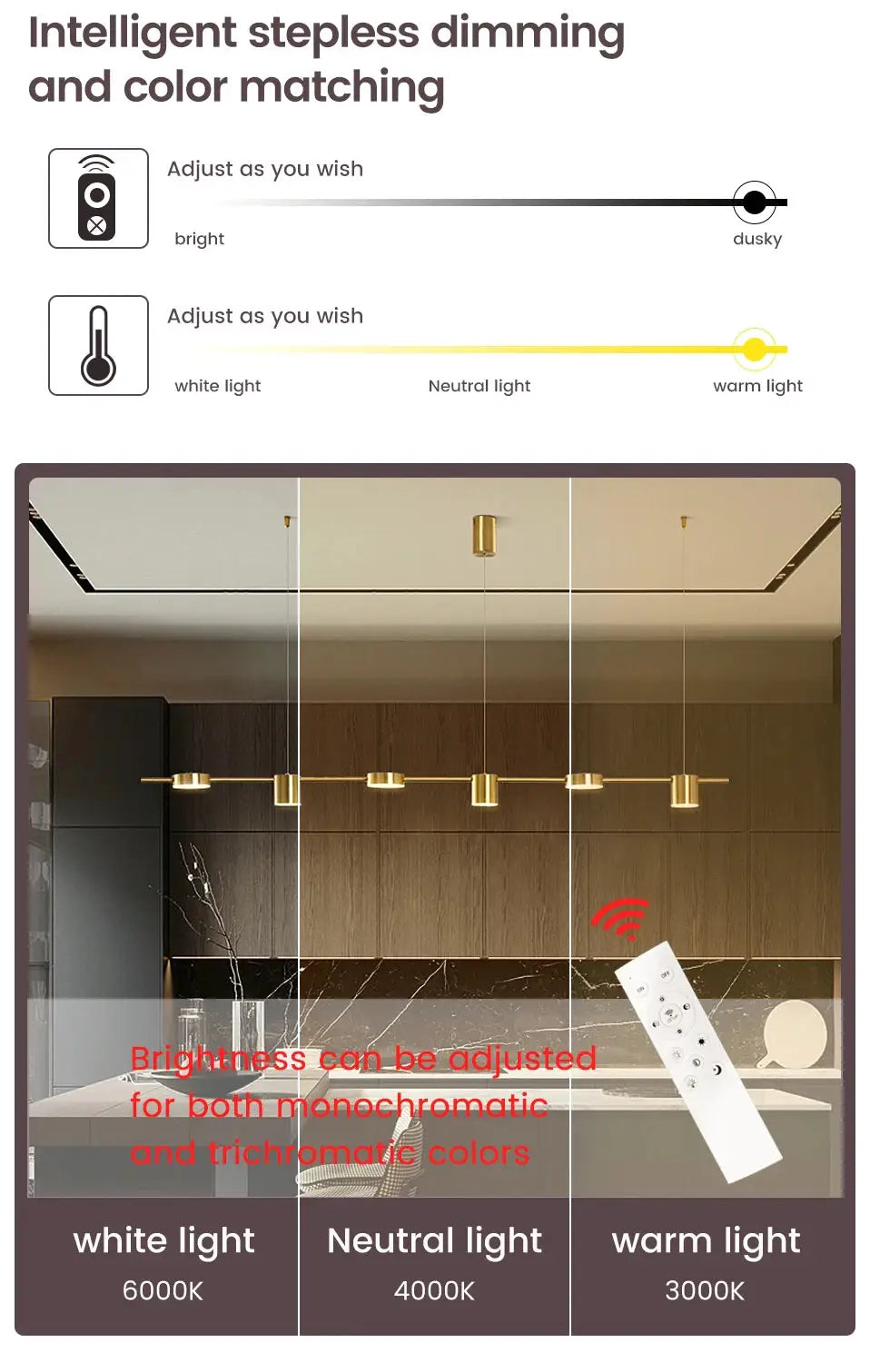 Simples Market modern LED ceiling chandelier with remote, dimmable color temp 3000–6000K, gold finish.