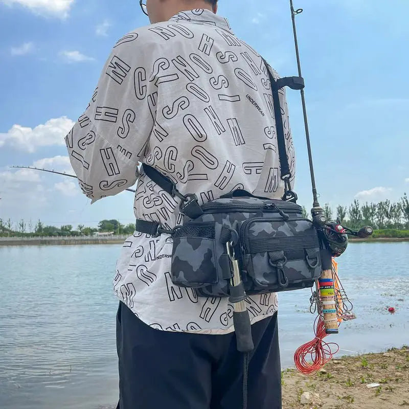 Black Fishing Tackle Shoulder Bag Storage Waist Bag with Fishing Rod Holder Outdoor Sports Bag - Simples Market