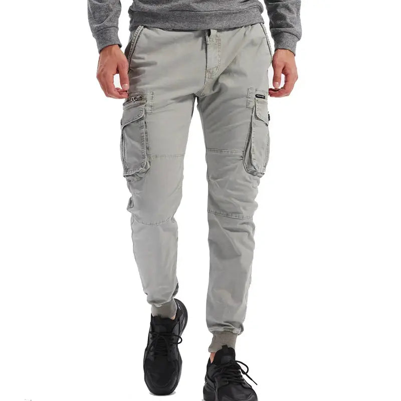 Men's light gray cotton cargo jogger pants with multiple pockets Simples Market
