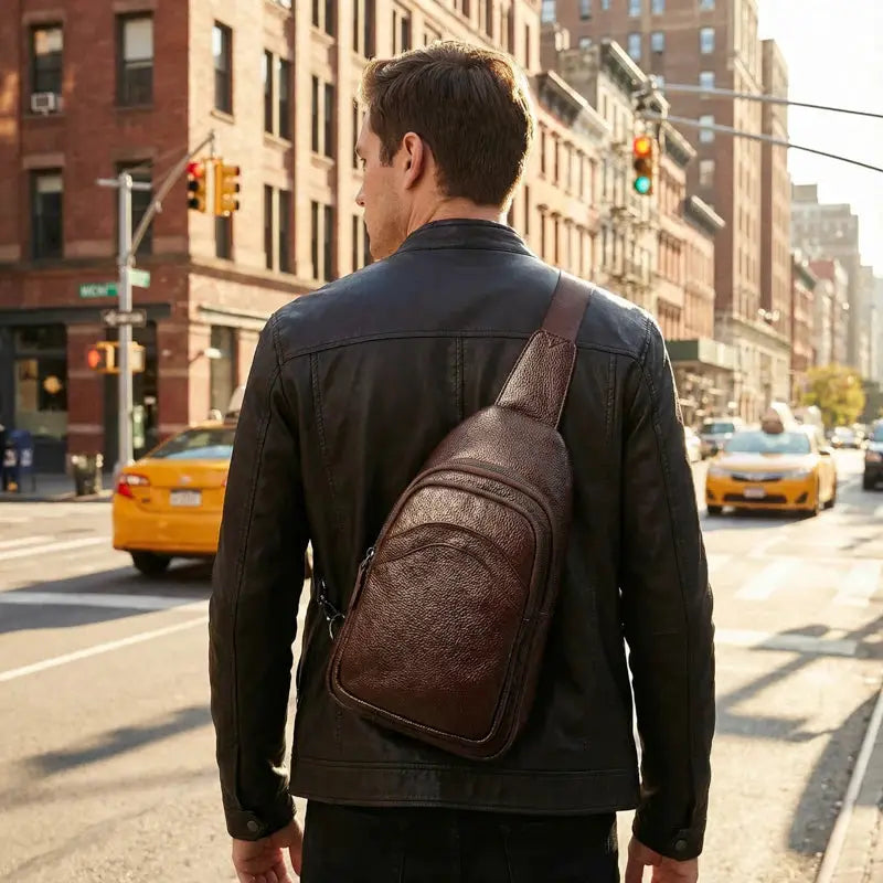 Leather chest bag for men, genuine top-grain brown leather, crossbody design