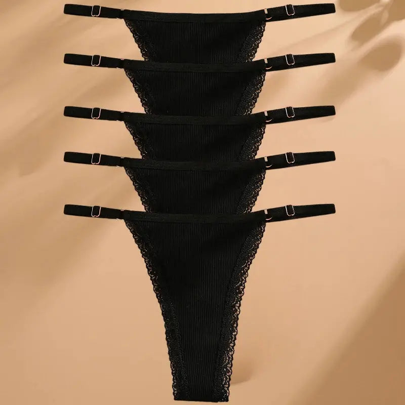G-string underwear set of 5 in black cotton with lace trim and adjustable waist straps