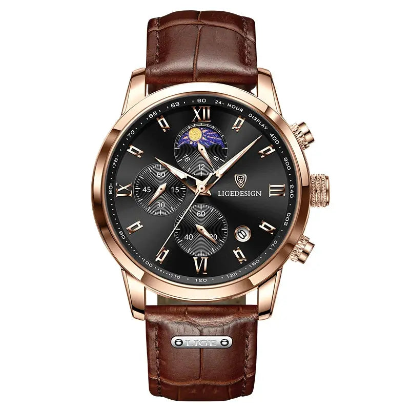 LIGE Design men's chronograph watch with rose-gold case and brown leather strap