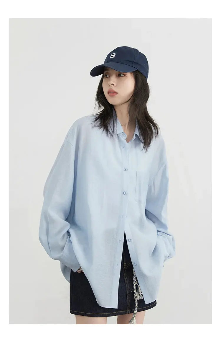 CHIC VEN women's light-blue oversized long-sleeve shirt with front pocket