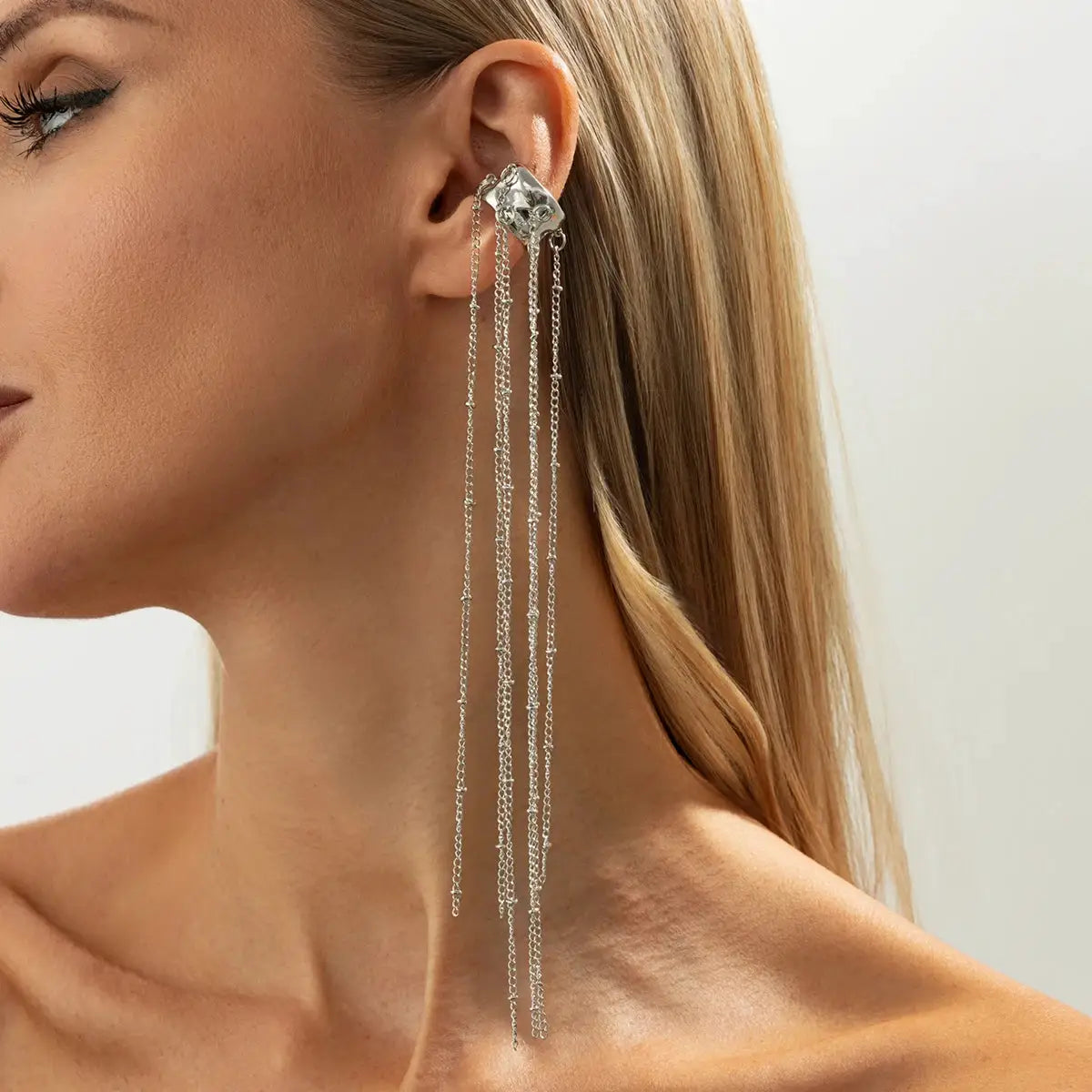 Elegant long tassel ear cuff clip earrings in silver with multiple dangling chains