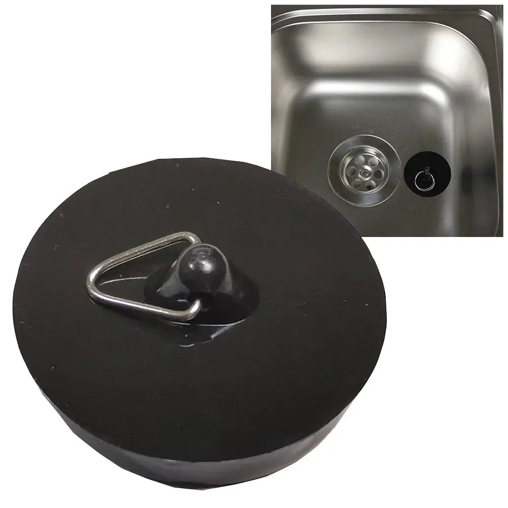 Black rubber drain stopper with a metal loop handle, for kitchen sink, bathroom, or laundry drains.