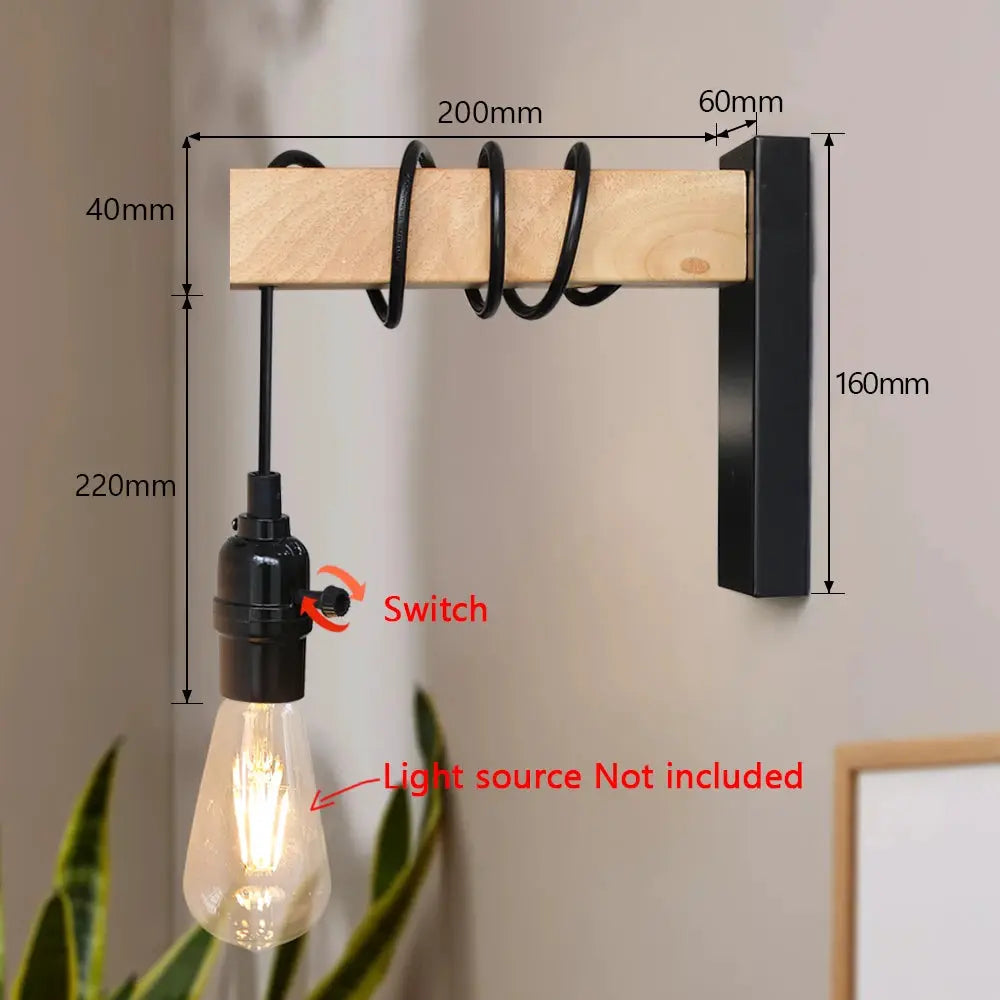 Wall lamp with switch, iron wood retro E27 wall sconce for indoor dining/bedside