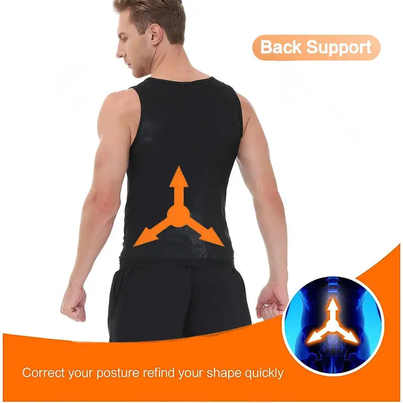 Men's black sleeveless sauna compression shirt with orange back-support arrow graphic