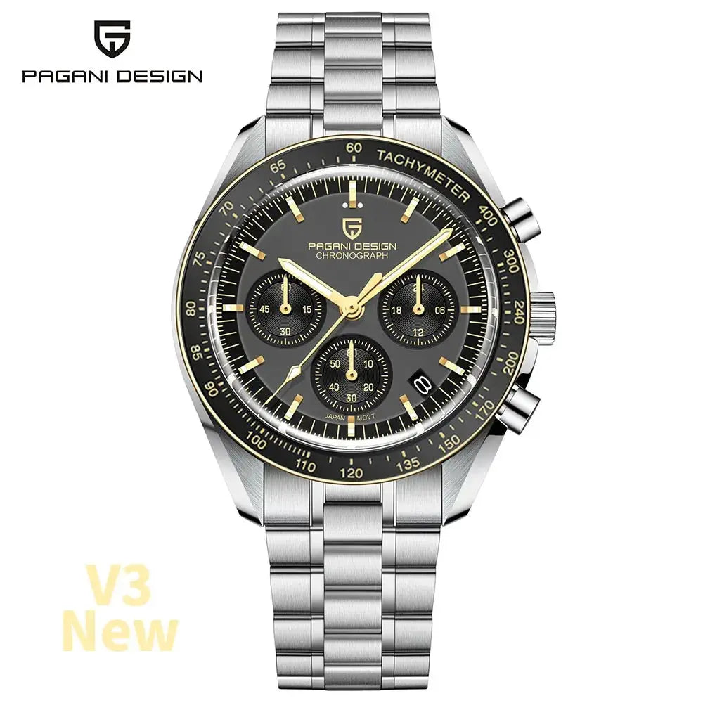 Pagani Design 1701 V5 men's chronograph watch; stainless steel bracelet, black dial with gold-tone hands