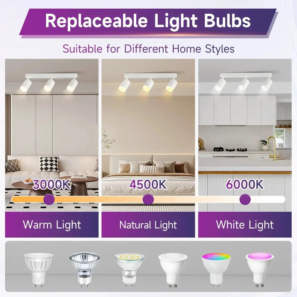 Simples Market GU10 LED spotlight ceiling light with a three-bulb track fixture; warm, natural, and white bulbs.