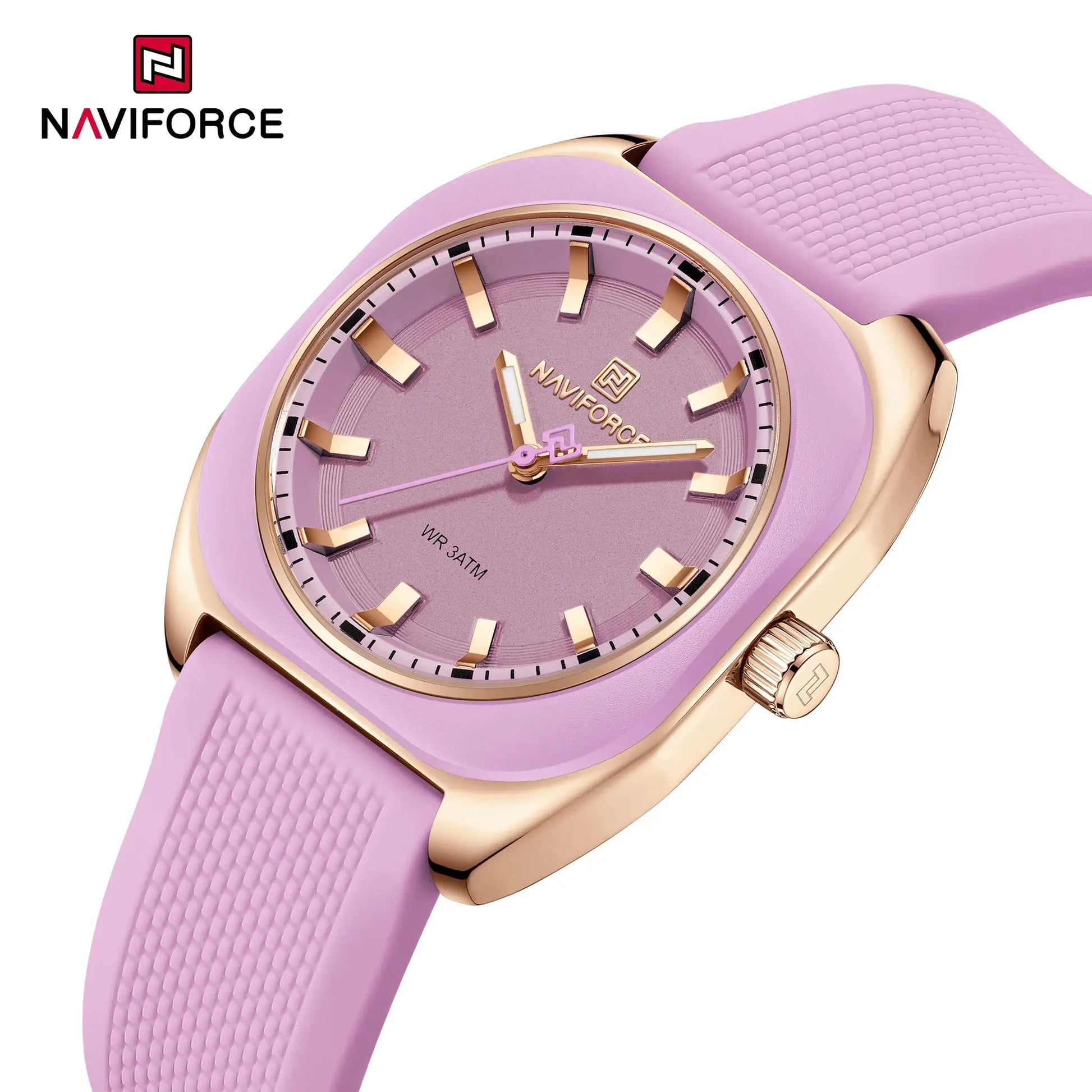 Naviforce women's silicone watch with purple dial, lavender strap and rose-gold bezel by Simples Market