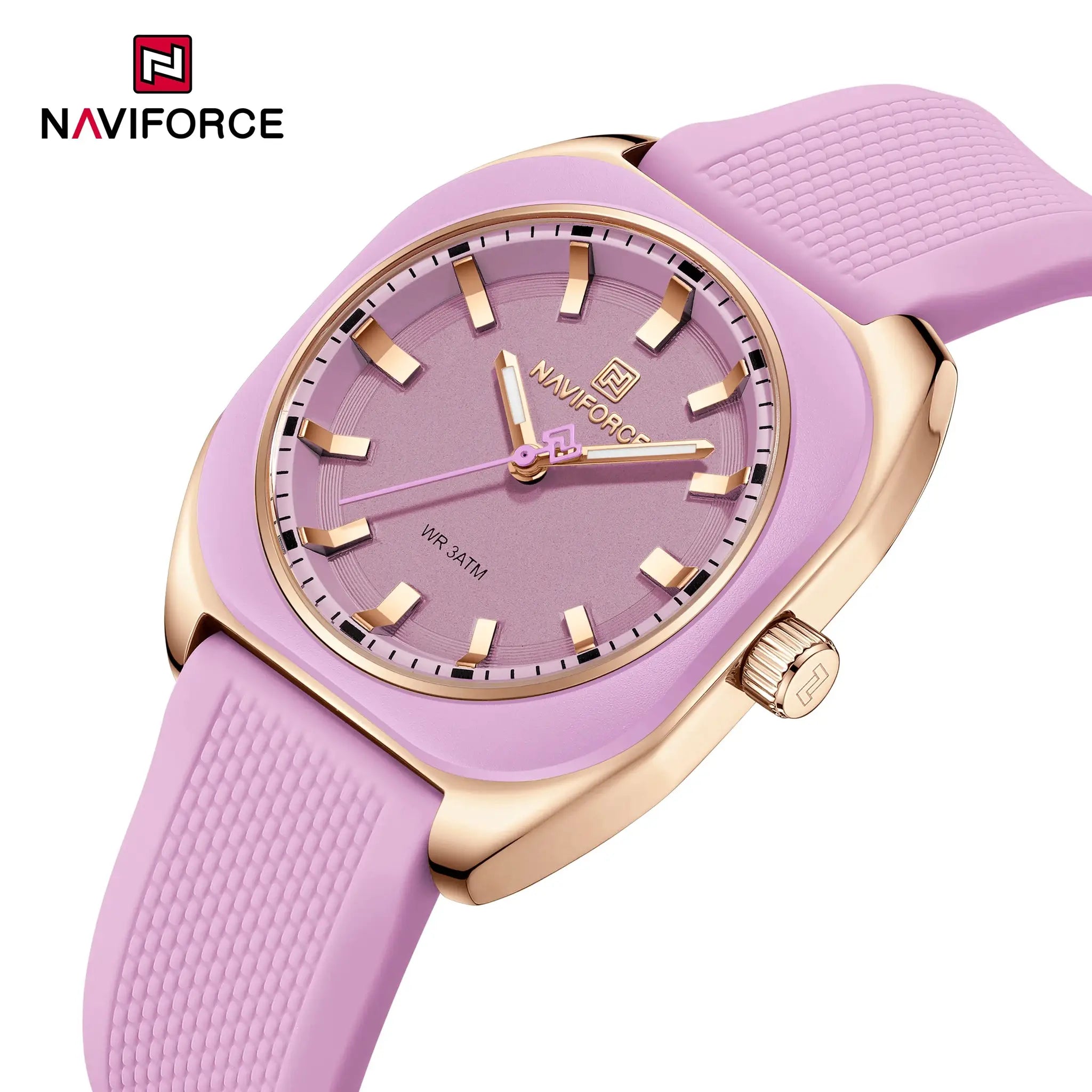 Naviforce women's silicone watch with purple dial, lavender strap and rose-gold bezel by Simples Market