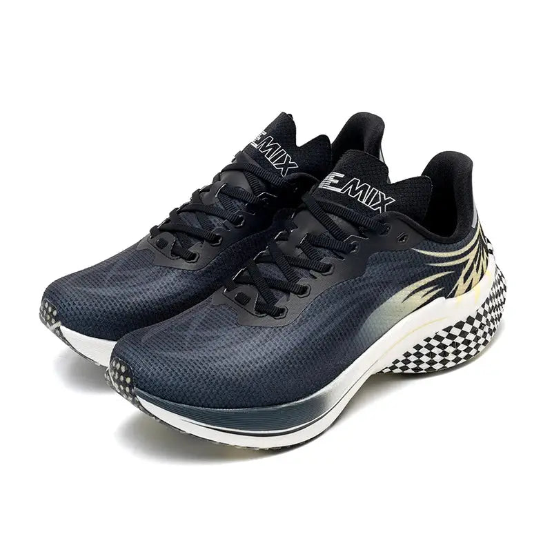 ONEMIX men's running shoes with breathable mesh, air-cushioned sole, black/blue gradient with a checkered heel