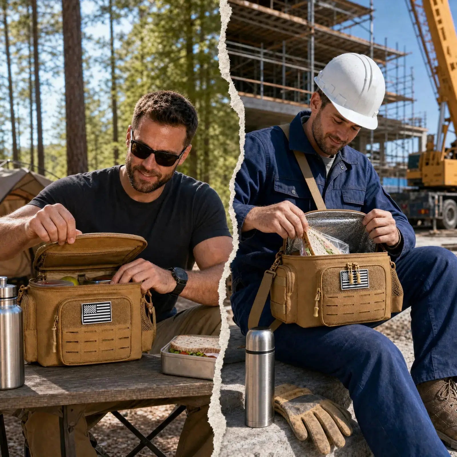 13L tactical insulated lunch bag, tan, leakproof and durable meal carrier; two bags shown at an outdoor work site.