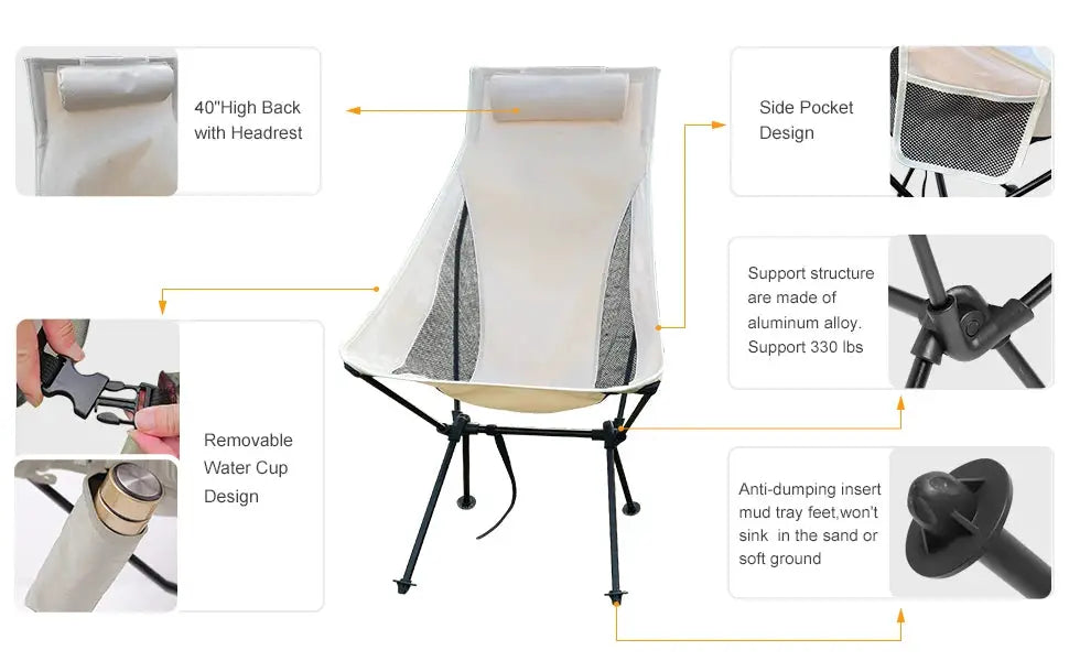 WESTTUNE portable folding camping chair with headrest, aluminum alloy frame