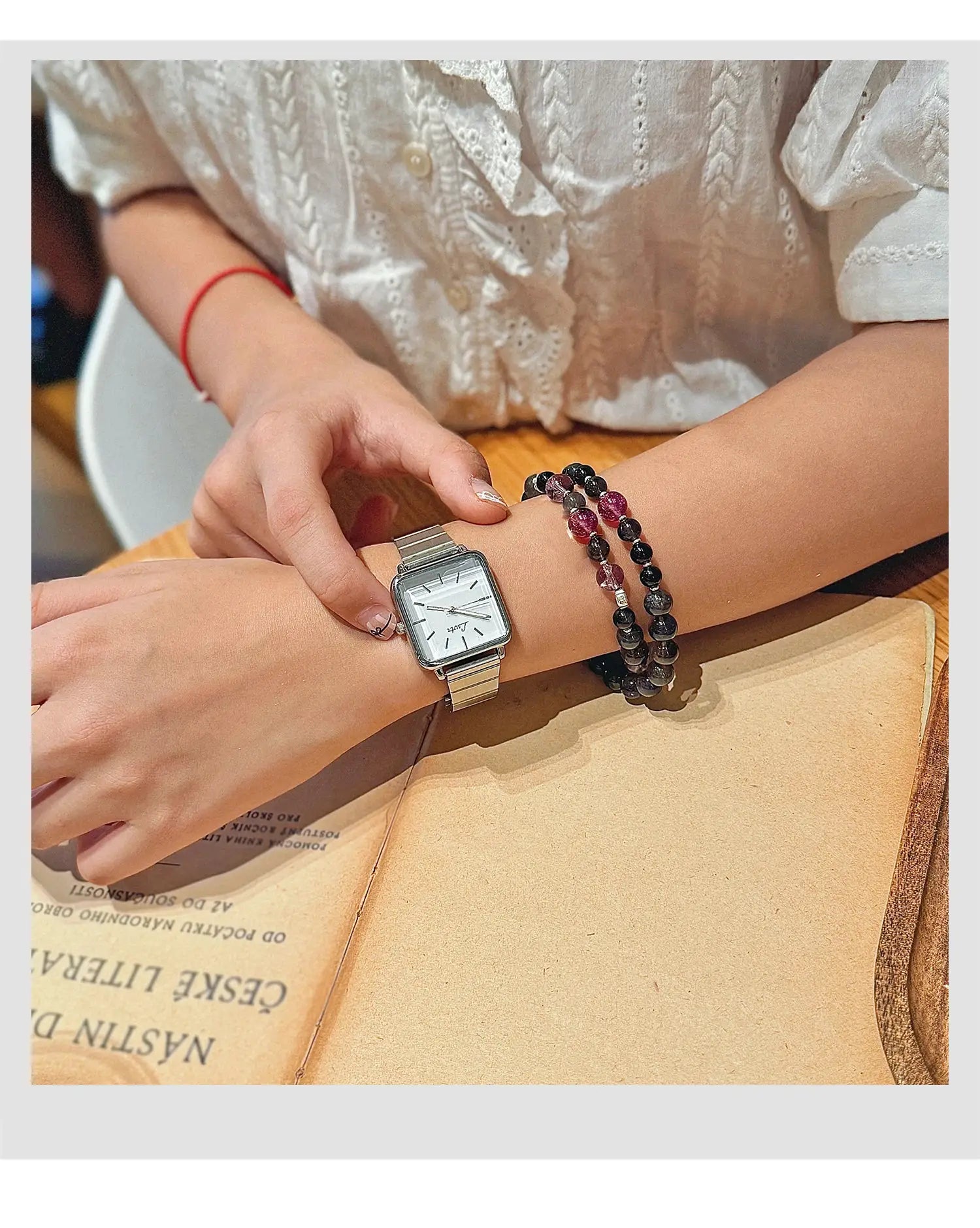 Simples Market silver-tone stainless steel women's square-dial quartz watch with bracelet-style band