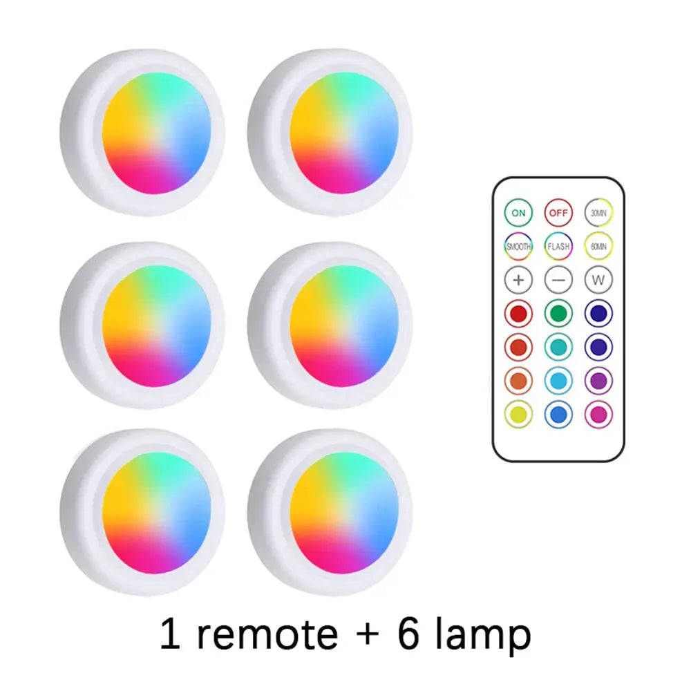 RGB under-cabinet LED lights; wireless battery-powered; 6 round lamps + 1 remote