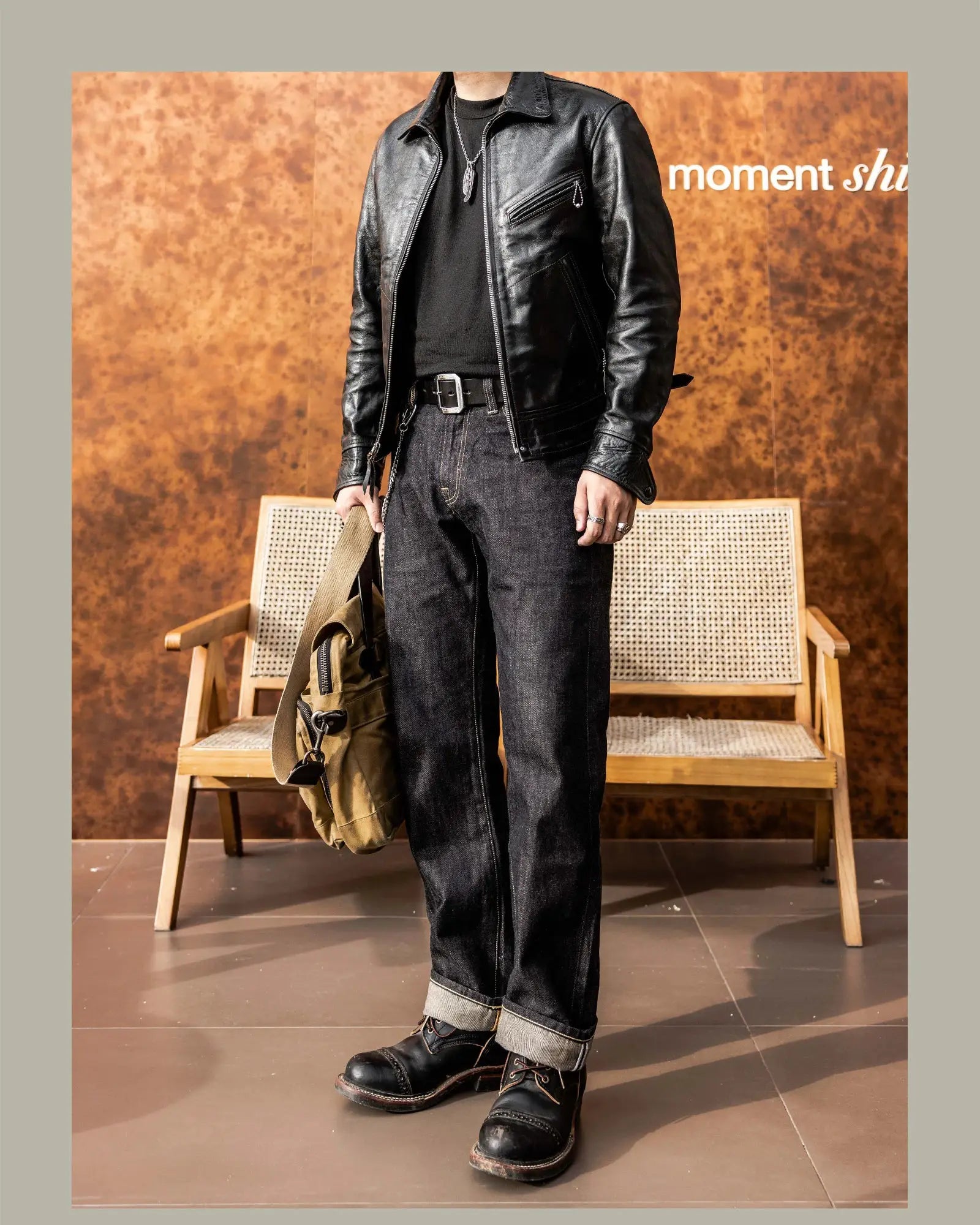 Red Tornado American Pants by Simples Market; men's dark indigo 12oz loose straight selvedge denim jeans, version 634.
