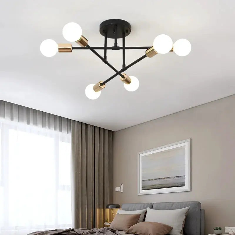 Retro industrial LED ceiling lamp by Simples Market, 6 heads, black wrought iron with brass accents