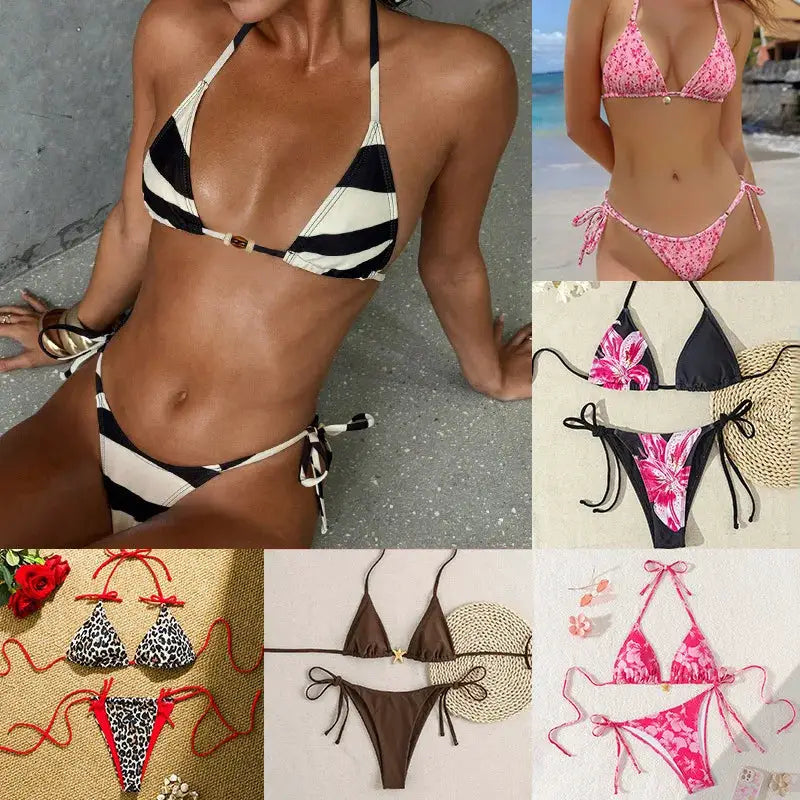 Women's bikini set Simples Market; collage of adjustable tie-side two-piece swimsuits in zebra and pink floral prints.