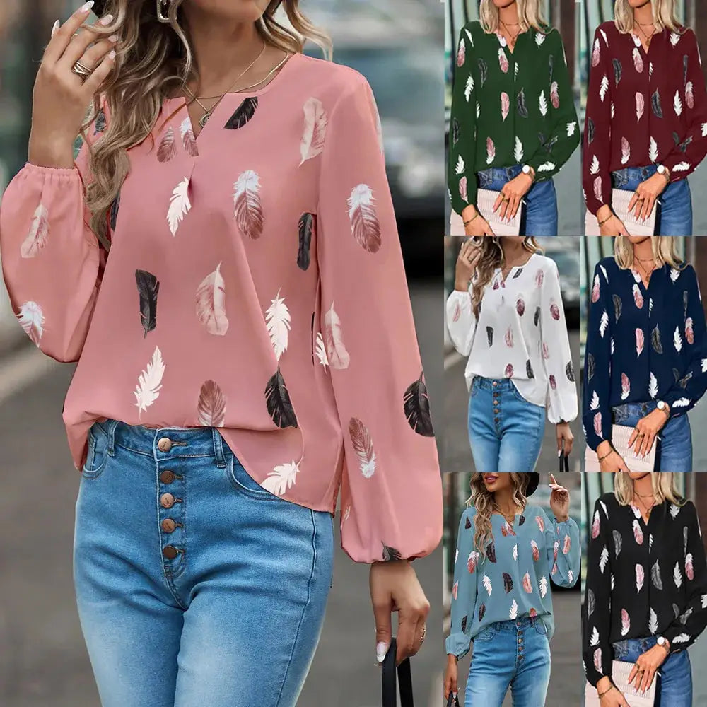 Blouse feather-print chiffon top for women in pink with long sleeves; 7 color options by Simples Market