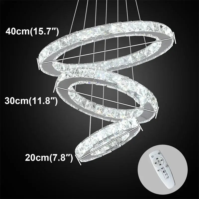 Simples Market modern crystal ring LED chandelier with three crystal rings, chrome finish, remote dimming