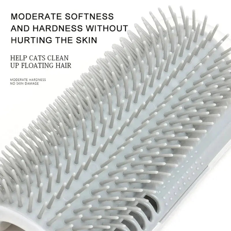 Cat massage brush with gray bristles; self-cleaning pet hair remover for cats