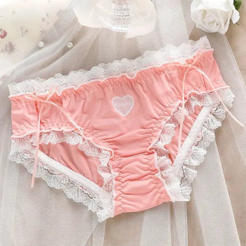 Panties, pink ice silk with white lace trim and heart motif, low-waist breathable underwear by Simples Market