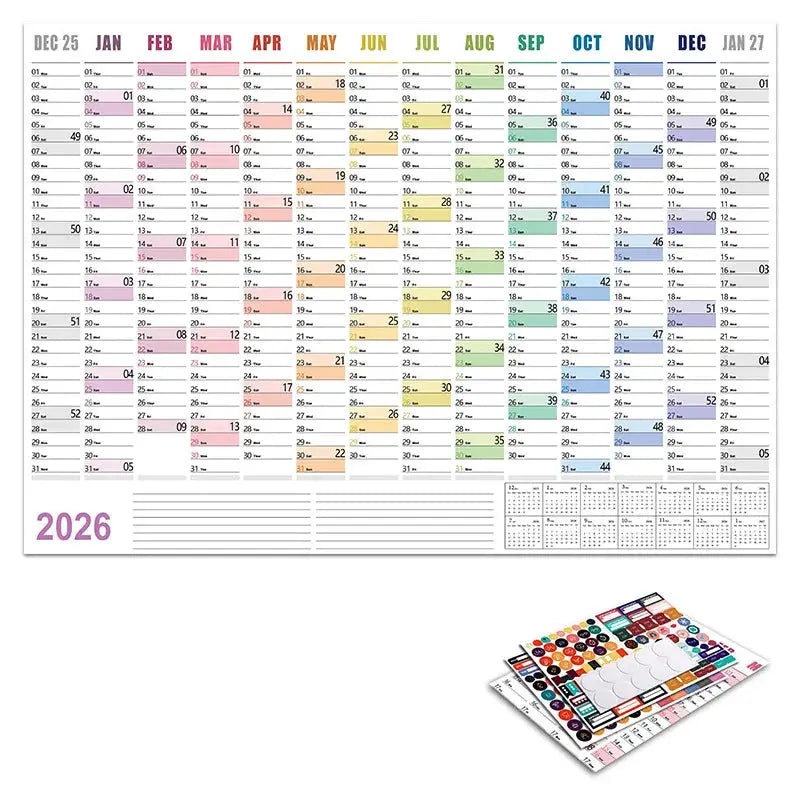 Simples Market 2026 yearly daily calendar wall planner sheet, 12-month color-coded calendar for hanging