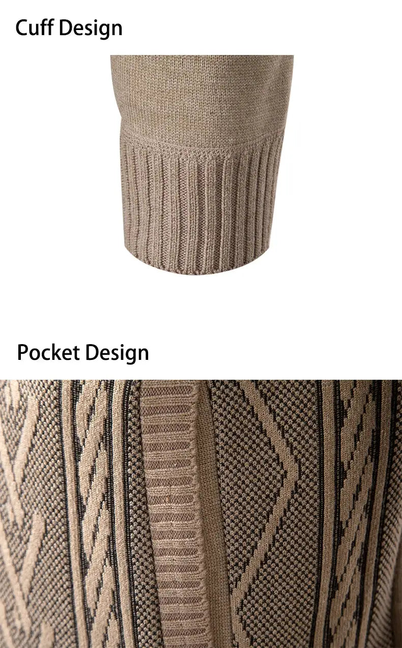 Men's knitted sweater coat by Simples Market, beige cashmere padded with ribbed cuffs and patterned pockets.