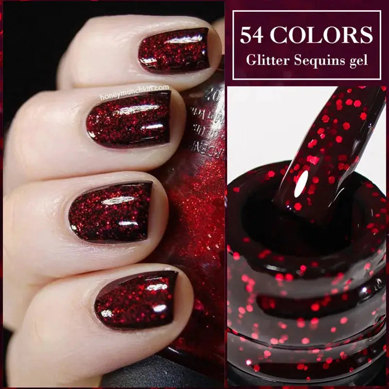 Gel nail polish set by Simples Market in red glitter sequins; 2-6 piece kit